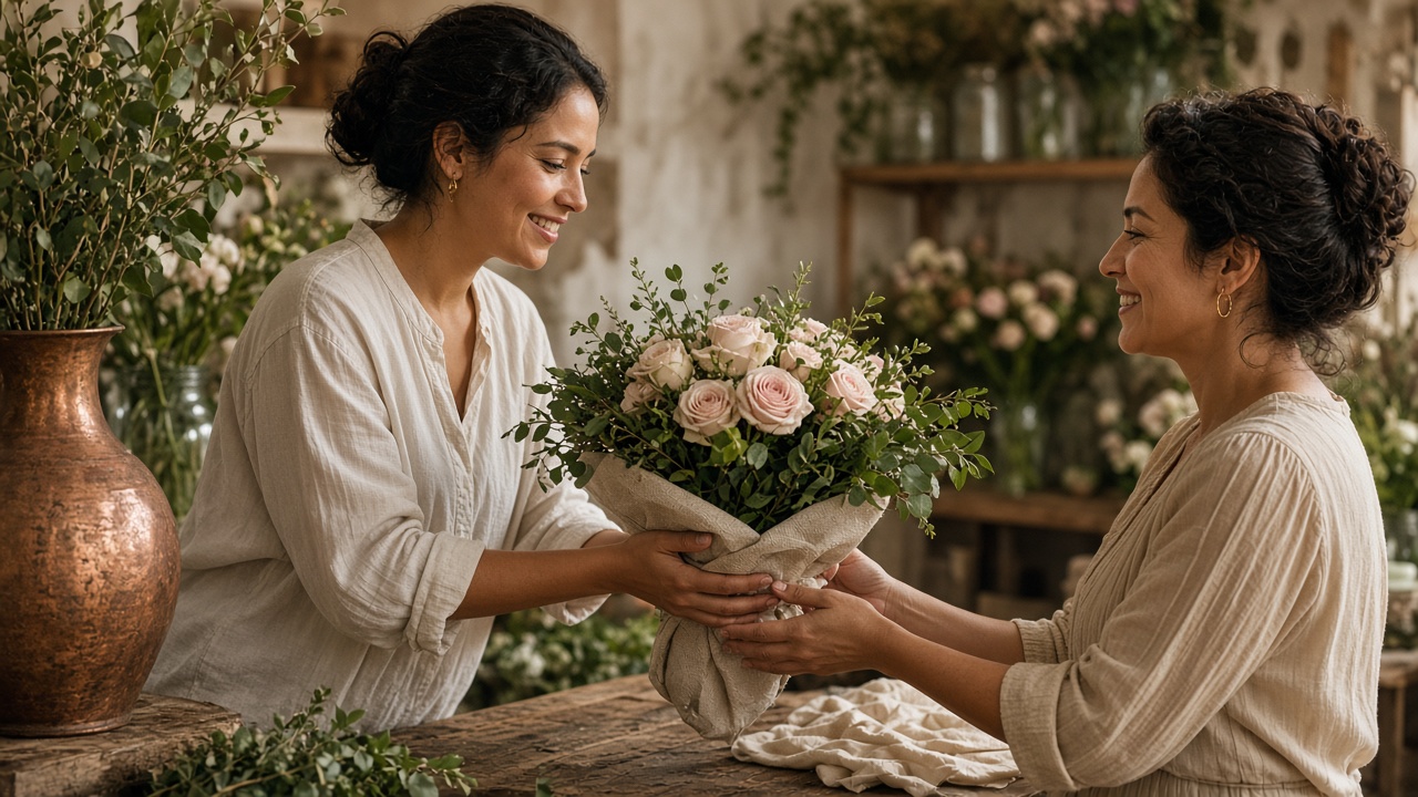 Florist handing a bouquet to a recipient