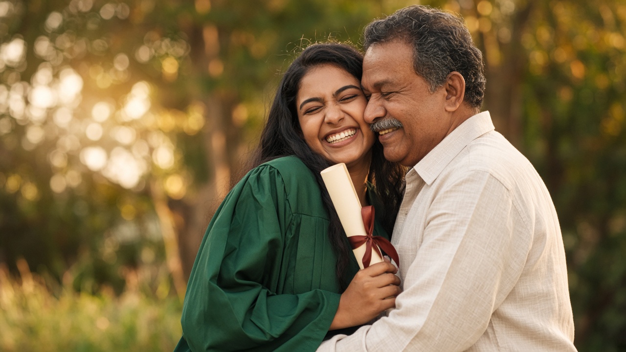 Graduate hugging family with diploma