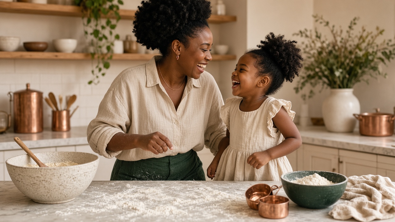 Parent and child laughing together while baking in a linen kitchen