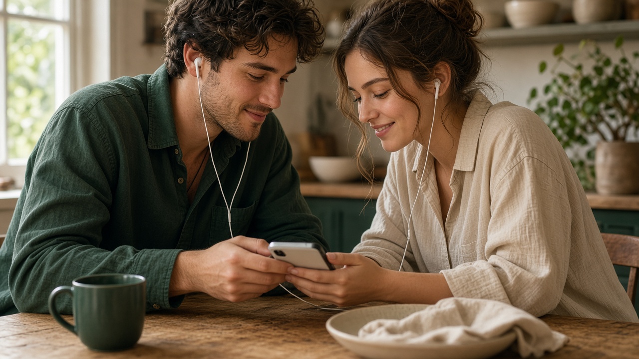Couple sharing a song on a phone in soft linen light