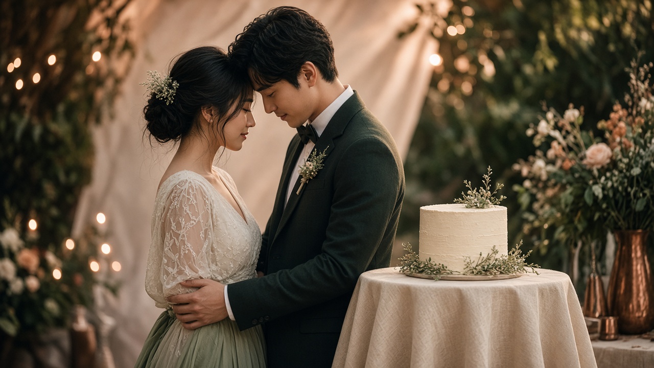 Wedding couple beside a small cake